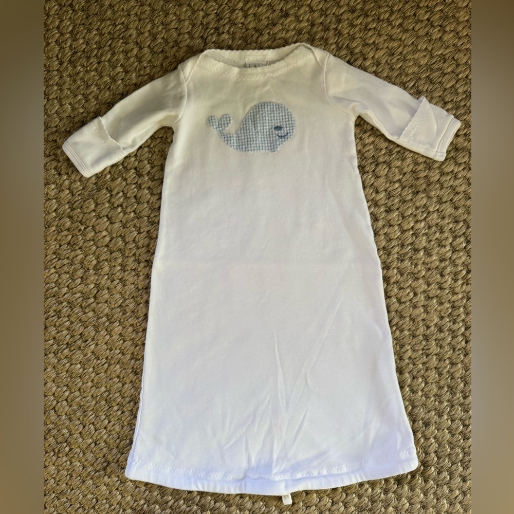 JJ Gown Appliqué Baby Day Gown Blue Micro Gingham Whale 100 % Cotton One Size